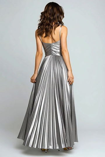 A-Line Silver Pleated Long Formal Dress With Slit